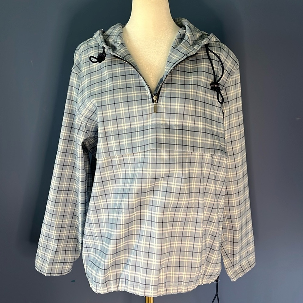 Norton plaid water repellant golf jacket, 1/4 zip, blue, navy/white plaid, hood